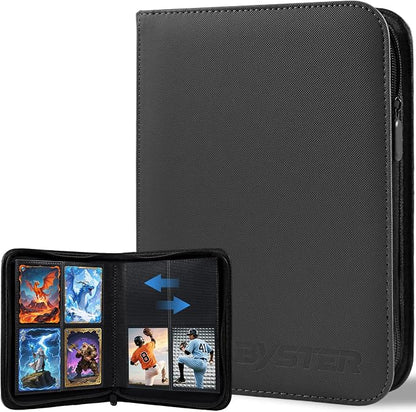 BYSTER 4 Pocket Card Binder, Premium PU Trading Card Binder with Zipper, 160 Capacity Side-Loading Binder for TCG, MTG, Sports Cards, Game Cards, Black