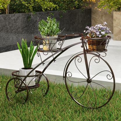 CHEFJOY Metal Bicycle Planter, 3-Tiers Flower Cart Display Stand with 3 Wheels & Iron Baskets, Decorative Cart plant stand for Garden, Patio, Indoor, Outdoor (Bronze)