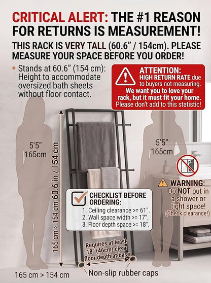 CANYAVE Metal Leaning Ladder Towel Rack, 4-Tier Blanket Stand for Bathroom Living Room, No Drilling Quilt Storage Organizer (Matte Black)