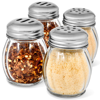 6oz Glass Spice Shaker & Cheese Dispenser Set of 4-6 Ounce with Slotted and Perforated Stainless Steel Tops - Clear Glass Grated Parmesan Cheese Shaker, Red Pepper Shaker, Shakers for Seasonings