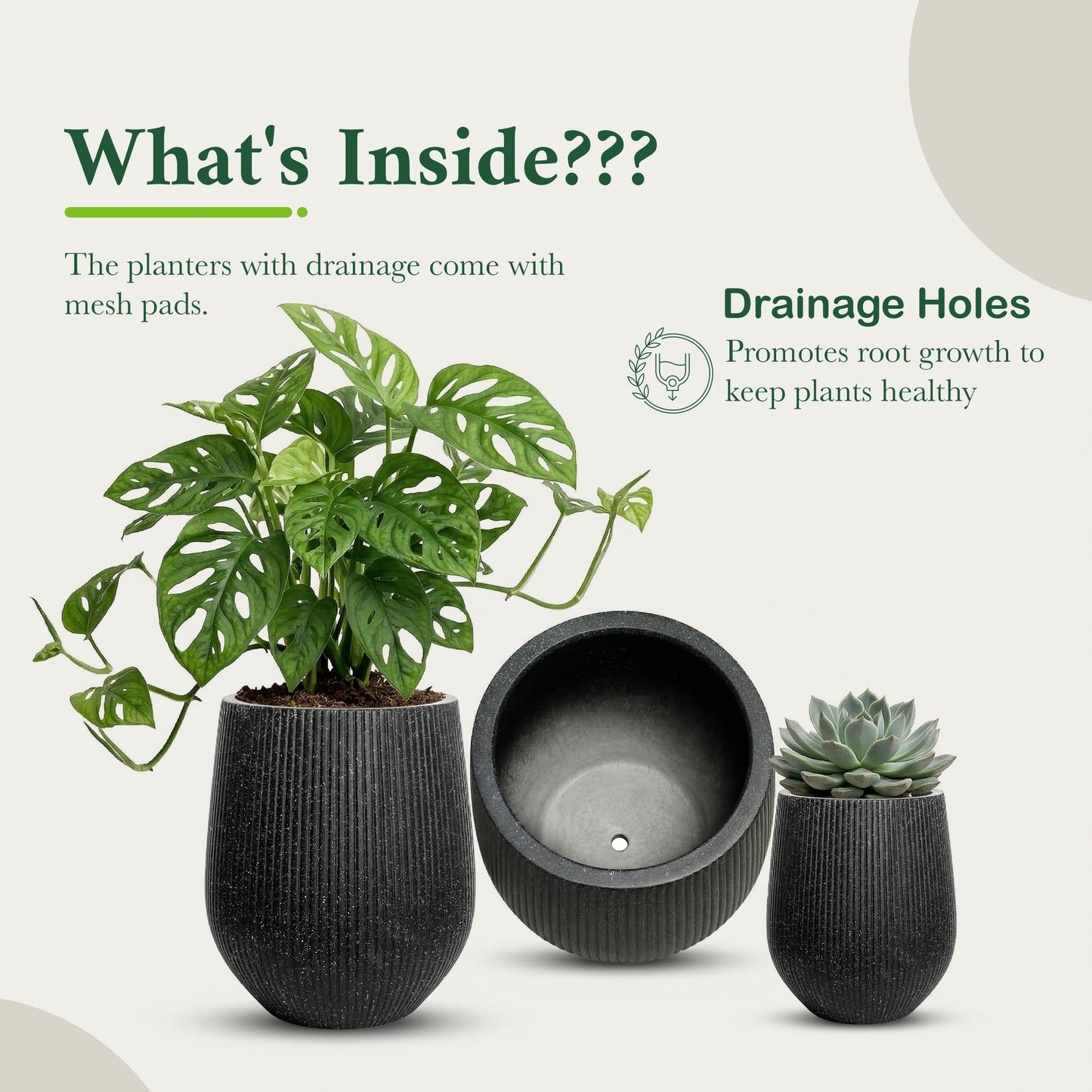 DTY Premium Mt Wilson Tall Tapered Fiberstone Planter for Indoor Outdoor Use, Modern Large Olive Tree Pot with Drainage Hole, 2 Coco Mats. Ribbed Black, Medium 15'' D x 16.7” H. 11.2” Pot Opening