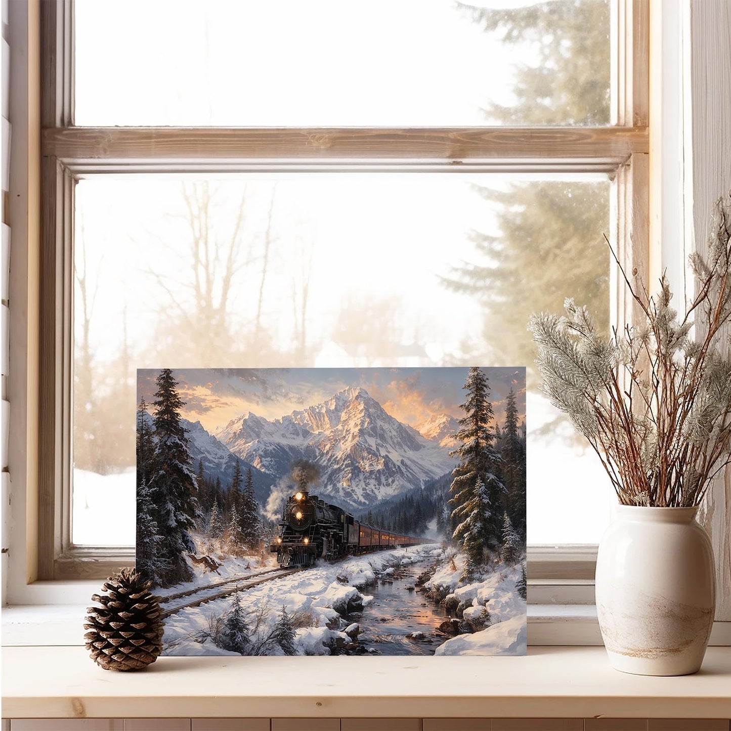 XWNLTEPK Winter Train Scenery Canvas Print Poster Wall Art Wall Decoration Winter Atmosphere Poster Suitable for Living Room Bedroom Farmhouse Home Decor Christmas Snow Mountain Pine Tree