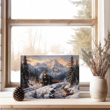 XWNLTEPK Winter Train Scenery Canvas Print Poster Wall Art Wall Decoration Winter Atmosphere Poster Suitable for Living Room Bedroom Farmhouse Home Decor Christmas Snow Mountain Pine Tree