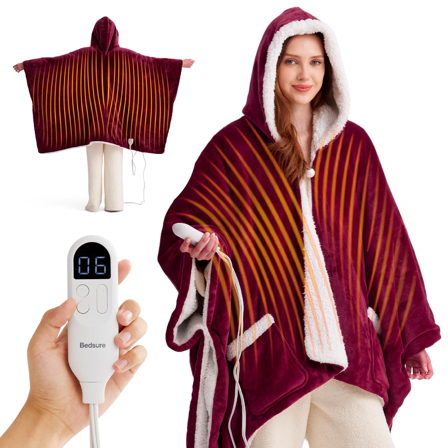 Bedsure Heated Blanket Wearable Shawl - Electric Wrap Poncho Blanket Hoodie for Adult, Birthday Gifts for Mom Women, Sherpa Heating Throw with 4 Time Settings & 6 Heat Settings, 55x64 inches, Grey