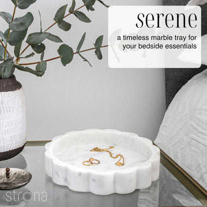 STRONA White Scalloped Marble Tray - 8" Round Stone Vanity Tray for Perfume & Jewelry, Marble Dish for Bathroom Countertop & Kitchen Counter, Decorative Tray for Bathroom & Kitchen, Modern Catchall