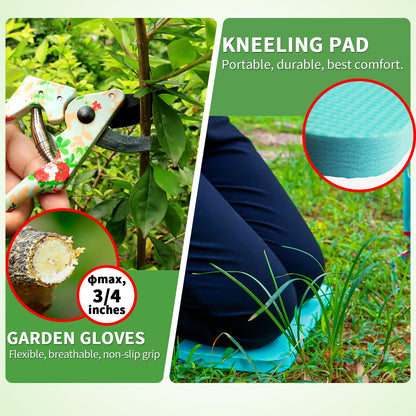 Garden Tools Set, JUMPHIGH 10 PCS Heavy Duty Gardening Tools Includes Hand Trowel Rake Weeder Pruner, Gardening Gifts for Women, Garden Kit with Tote Bag, Apron, Gloves, Kneeling Pad