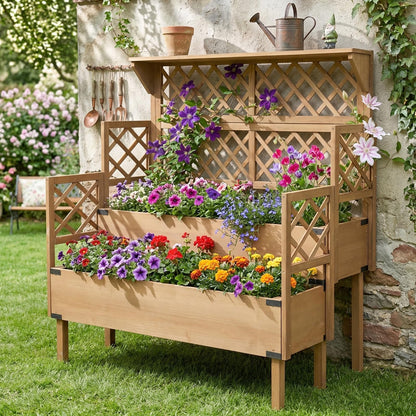 Raised Garden Bed with Trellis, 2-Tier Elevated Planter Box, Wooden Outdoor Planter for Vegetables Herbs Flowers, Lattice Back for Climbing Plants, Modern Minimal Design for Patio Balcony Backyard