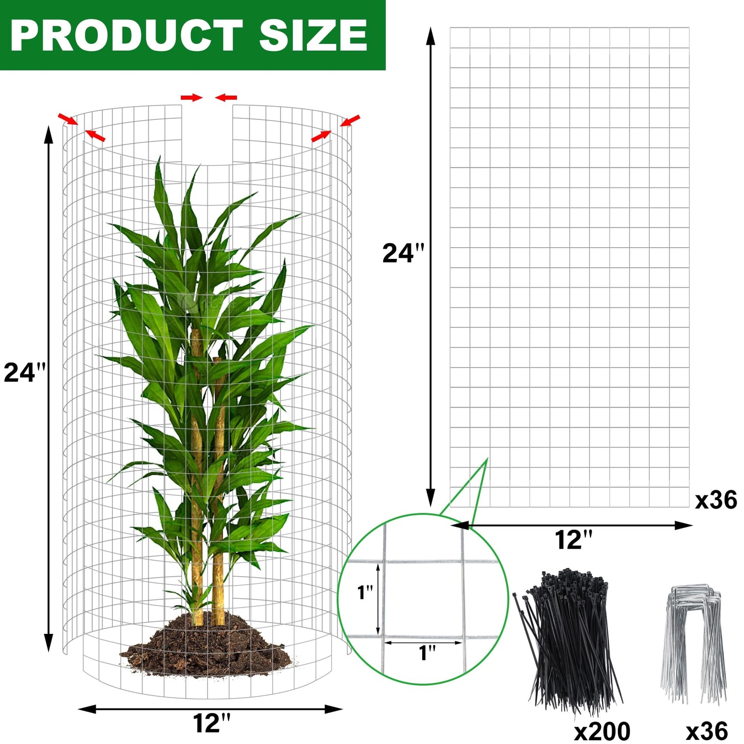 winemana 12 Set Garden Plant Protector Cage,36 Pcs 24x12 IN Metal Wire Protectors for Plants, Protection Cages with Stakes Nylon Ties Animals Barrier to Keep Rabbit Chicken Away from Flower Vegetables