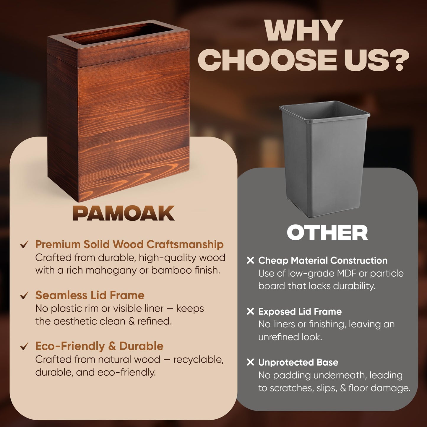 pamoak 2.3 Gallons Rectangular Wooden Trash Can | Trash Can with Bin Liners | Decorative Waste Basket | Recycling Bin for Bathroom | Natural Wood Finish Basket for Kitchen | Paper Basket for Office
