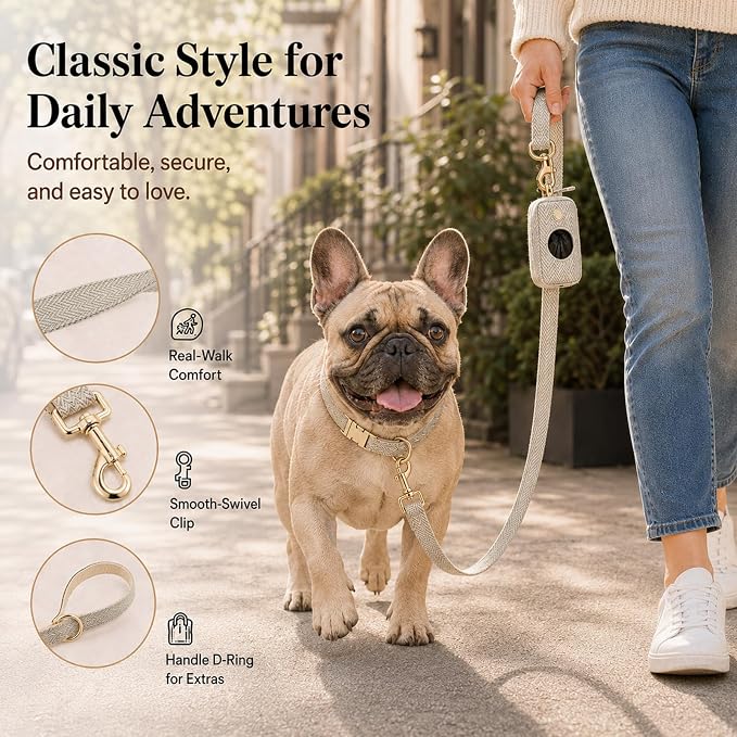 Herringbone Tweed Dog Collar and Leash Set for Small Dogs, Gray | Snag-free, no-rub design. Soft breathable cotton, gentle on fur. Adjustable durable matching combo for walks & outdoors.