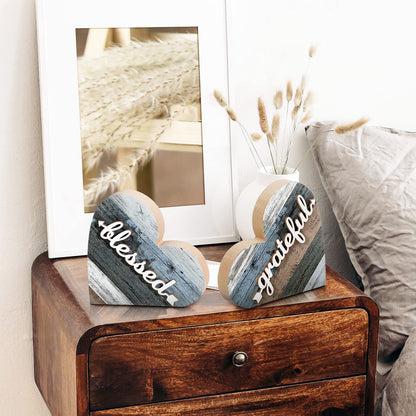 Jetec 2 Pcs Rustic Decorations for Living Room Home Shelf Mantel Entryway Table, Farmhouse Knick Knacks Christian Table Centerpiece Wooden Heart Decor for Dining Room Housewarming Gift(Grateful Style)