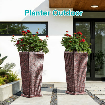 Diyfire Taper Tall Planters for Outdoor Plants Set of 2, 24 Inch Faux Stone Large Outdoor Planters for Porch with Drainage Tray Saucers & Holes, Fluted Tall Indoor Flower Pots for Patio Balcony, Brown