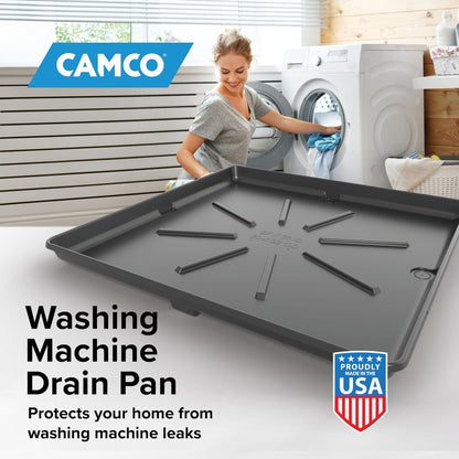 Camco Washing Machine Drain Pan - Features a Durable Plastic Construction, 1-inch/1.5-inch PVC Drain Fitting, and Measures 30-inches (L) x 32-inches (W) x 2 ½-inches (H) (OD) (20750)