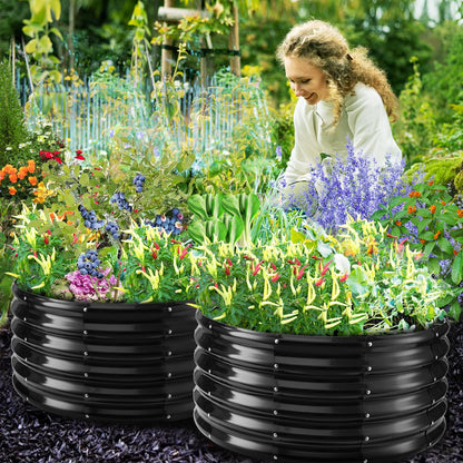 YSEJOMP 17" Tall Round Outdoor Garden Raised Garden Bed Kits-0.8MM Thick Metal Raised Planter Bed/Ground Planter Box for Variety of Flowers,Herbs,Vegetables,Trees (Black, 32 Dia X 16.5 inches)