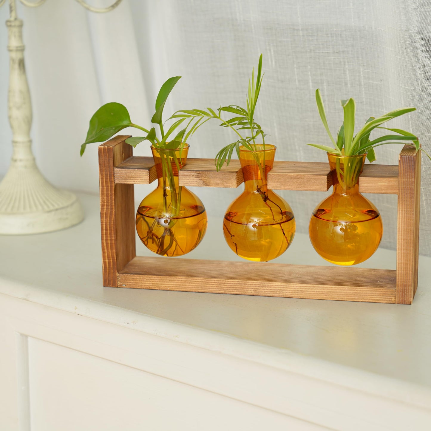 Kingbuy Plant Terrarium with Wooden Stand, Glass Planter Desktop Propagation 3 Bulb Vase Metal Holder Retro Rack for Hydropoincs Plants Home Office Decor, Brown