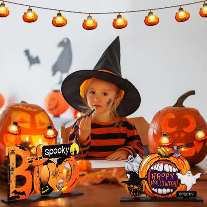 Jetec 6 Pcs Halloween Office Decorations Table Centerpiece with 5 ft Pumpkin String Light, Boo Spooky Trick or Treat Pumpkin Witch Hat Wood Table Signs for Happy Halloween Tier Tray Home Decoration