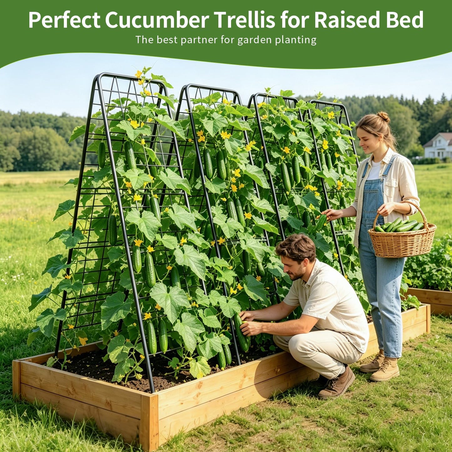 100% Metal Cucumber Trellis for Raised Bed,62"x17" A-Shape Garden Plant Support for Climbing Plants, Heavy Duty Metal Garden Trellises Plant Support for Vine Vegetables Outdoor (Black, 62x17inch(H*W))