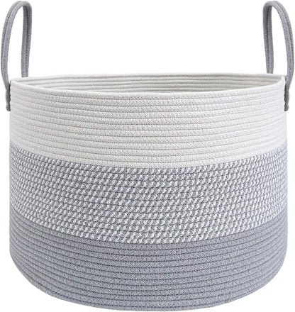 JMvicyroam 65L Extra Large Blanket Basket for Living Room - Woven Cotton Rope Laundry Hamper with Reinforced Handles - Storage Bin for Pillows, Comforters & Toys - Machine Washable,White&Grey Mix