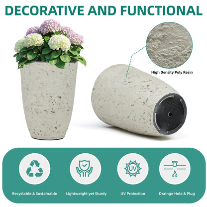 Autodaya 19.5" Resin Tall Planters for Outdoor Plants, Set of 2 Country White Large Flower Pots with Handmade Birch Bark Texture, Heavy-Duty and Weather-Resistant for Year Round Indoor Outdoor use
