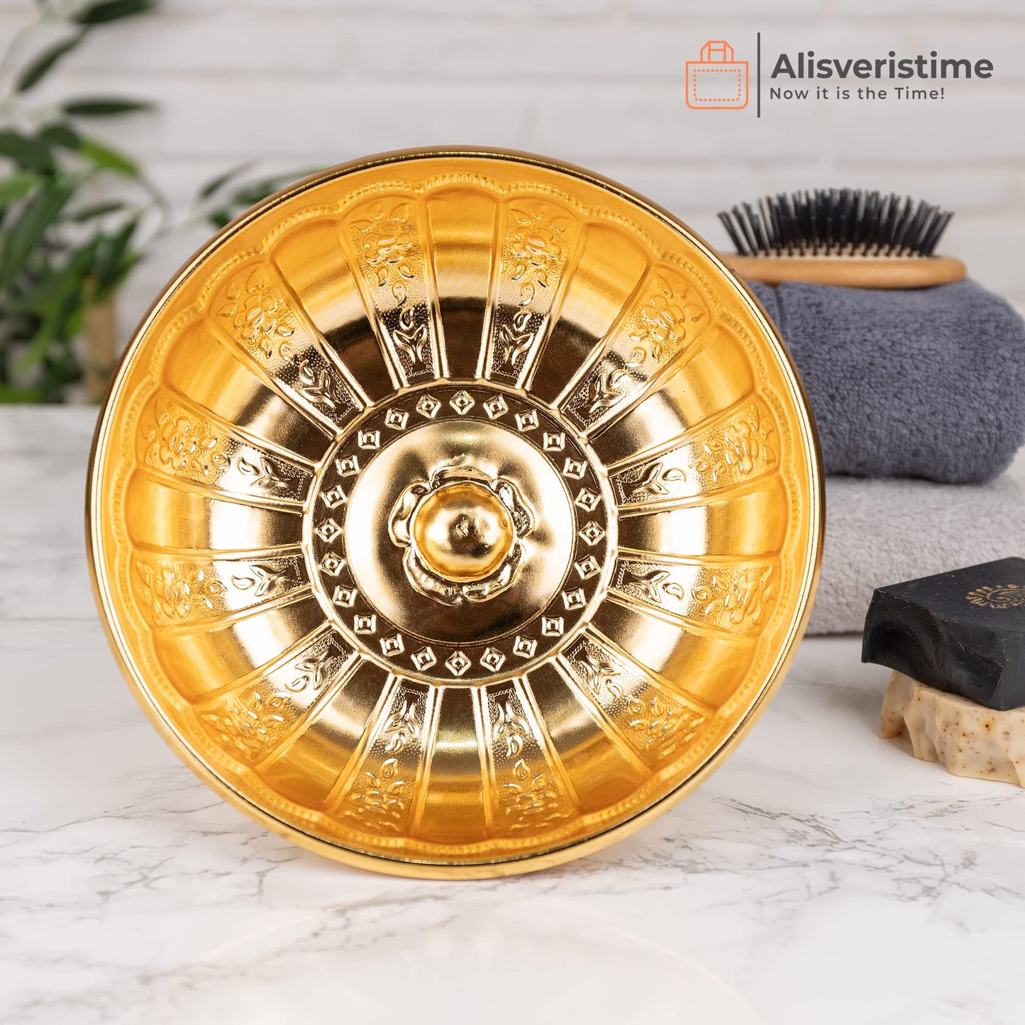 Alisveristime 1.06 Qt Turkish Hammam Bath Bowl, Traditional Metal Construction, Diameter 7.87", Height 2.36" - Multiple Colors Available (Gold)