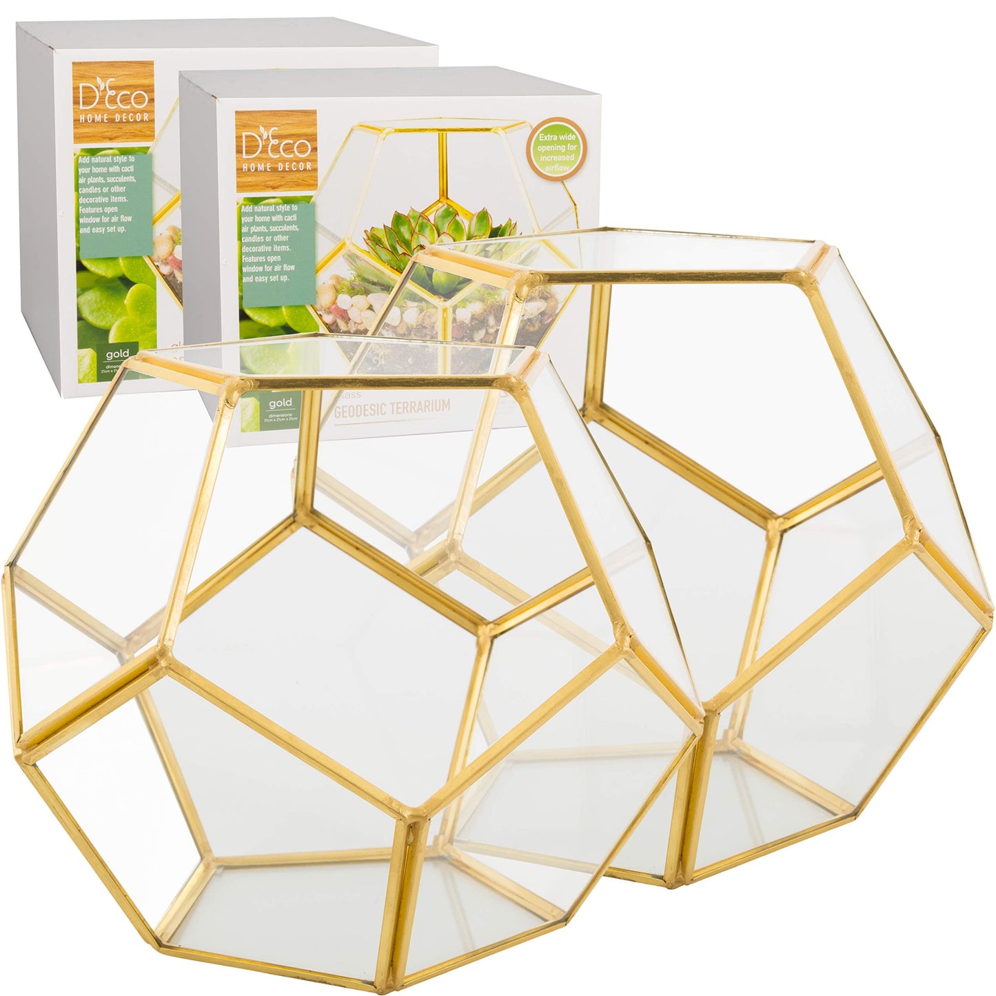 D'Eco Glass Geometric Plant Terrarium (Set of 2) - Indoor Tabletop Gold Sphere Planter Terrarium - Succulents, Air Plants, Moss - Home Garden Office Wedding Decor - Gift Idea for Plant Lovers