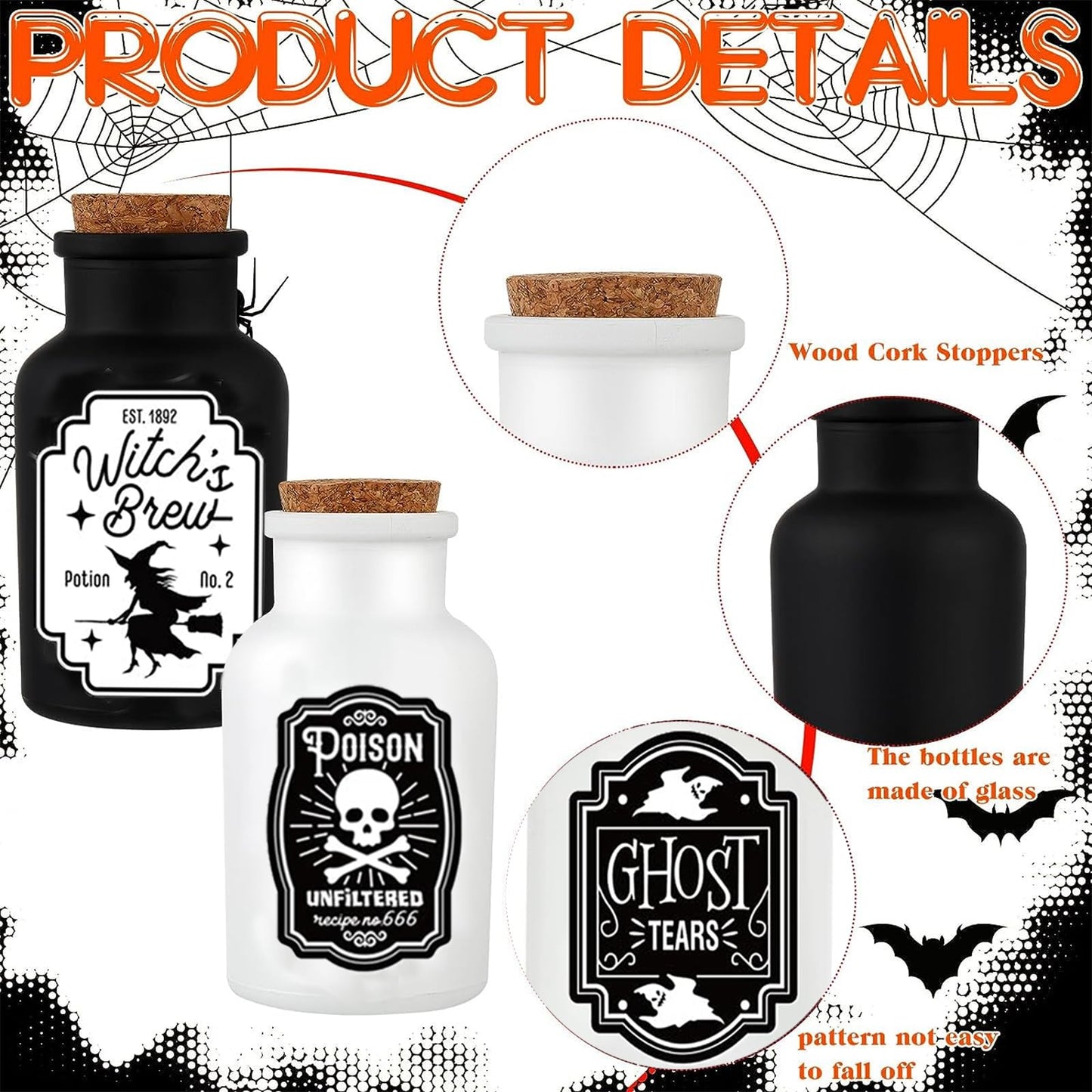 Sarybei Halloween Decorations for Home - Set of 4 Apothecary Potion Bottles with stickers - Scary Witch Poison Ghosts Black Cat Farmhouse Tiered Tray Decor For Home Table Party Supplies