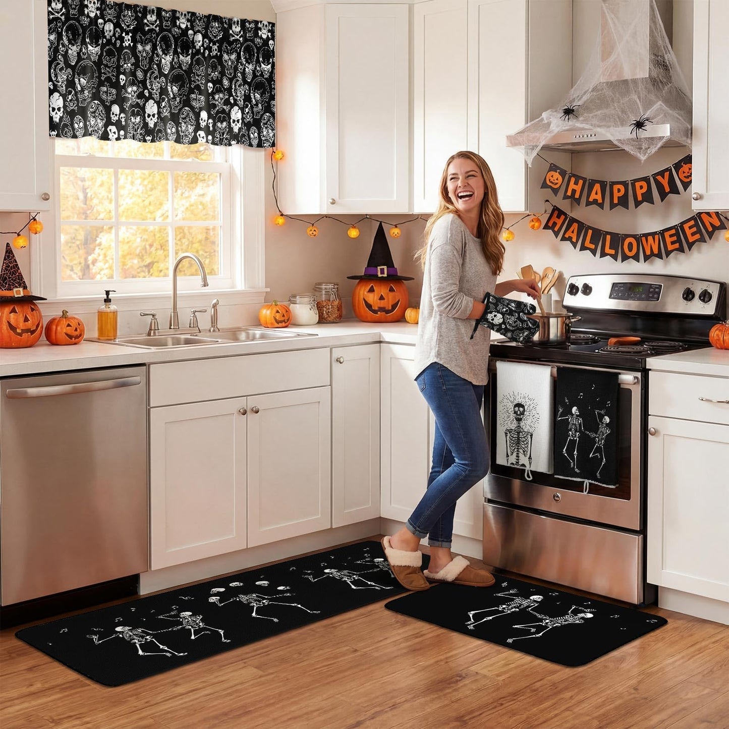 Fourluoo 16 Pcs Halloween Kitchen Decor and Accessories Set Black Skeleton Kitchen Towels and Dishcloths Non Slip Rugs Mats Oven Mitts and Pot Holders Scary Curtains Set for Home Decoration Gift