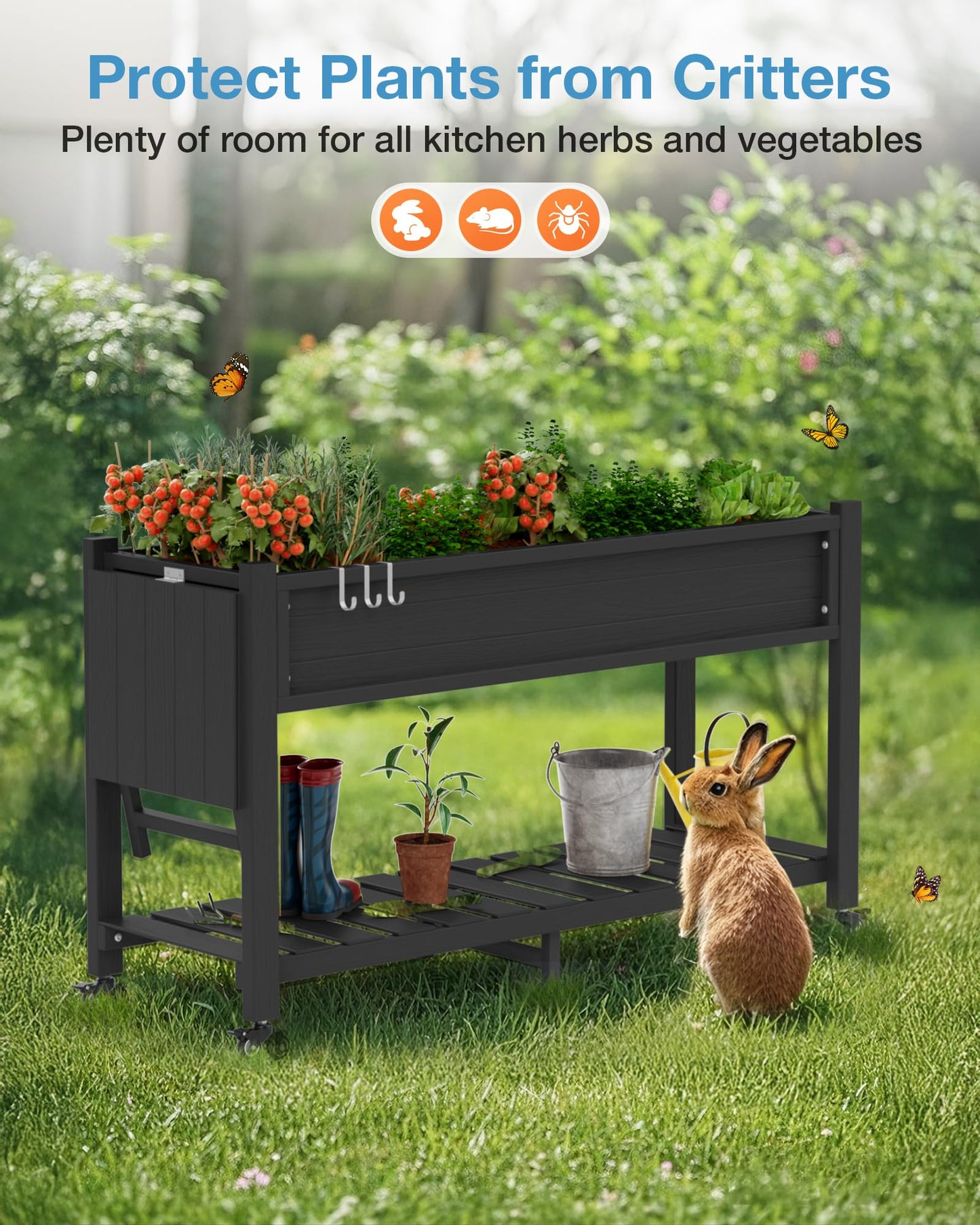 YEFU Raised Garden Bed with Legs: 57x18x30in Weight Capacity 400lb - Waterproof Raised Planter Box with Wheels - Elevated Garden Bed with Storage Shelf - Weather Resistant - for Deck/Patio/Porch/Black