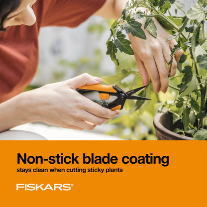 Fiskars 6" Pruning Scissors for Flowers, Buds, Weeds and Small Plants, Garden Snips with Resin Resistant Nonstick Stainless Steel Blades, Gardening Trimmers with Comfortable Handle