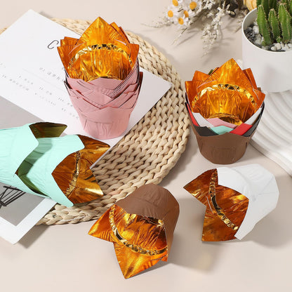 uxcell 50 Pcs Tulip Baking Cups Cupcake Muffins Liners Aluminum Foil Paper Greaseproof Wrappers for Weddings Birthday Party Festivals Christmas, Gold/White, Gold/Black