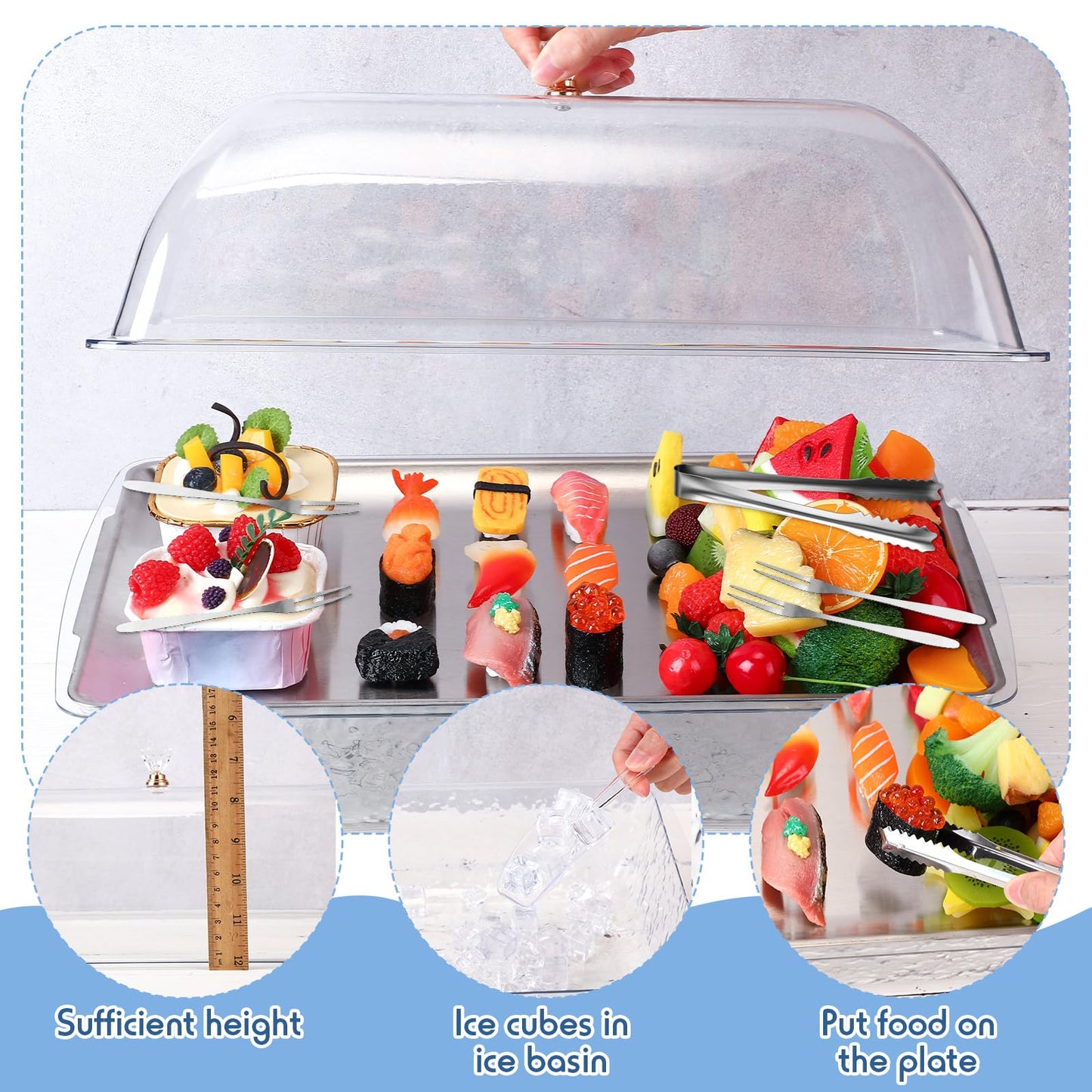 Baderke 1 Set 16" x 9" Chilled Serving Tray for Parties with Compartments and Lid Charcuterie Serving Board Ice Rectangle Chilled Party Platter for Seafood Vegetable Fruit Shrimp Cocktail (Silver)