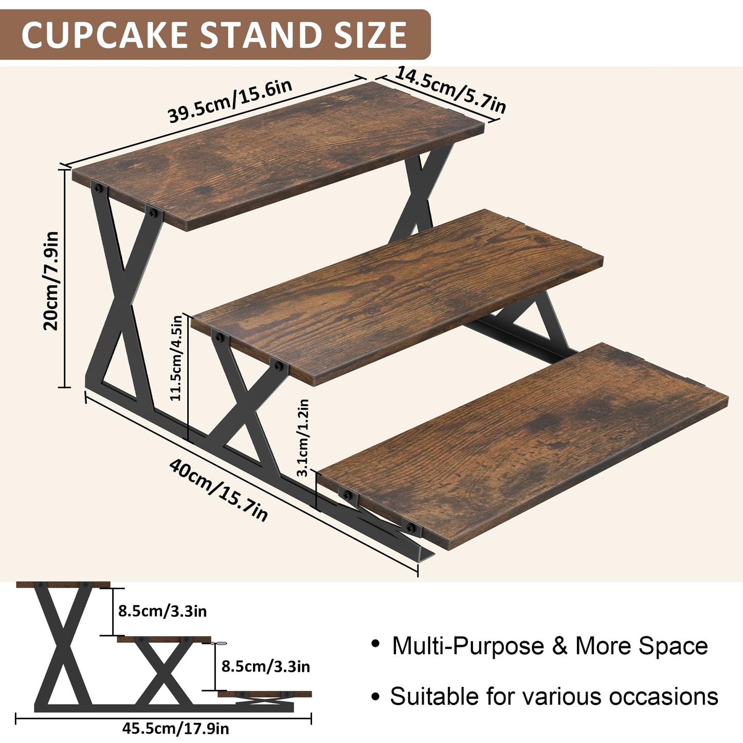 KALYLOC 3 Tier Cupcake Stand, Wooden Risers Dessert Table Display Set, Rustic Tiered Tray Stand Cupcake Tower for Party Farmers Market Wedding Birthday Baby Shower (Brown, X-Shape)