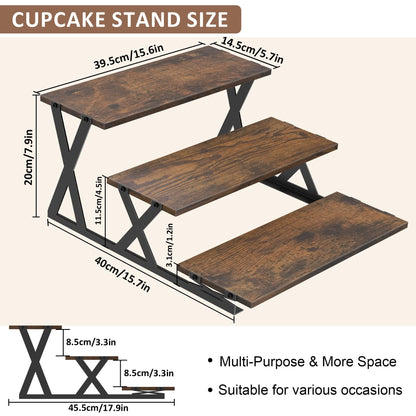 KALYLOC 3 Tier Cupcake Stand, Wooden Risers Dessert Table Display Set, Rustic Tiered Tray Stand Cupcake Tower for Party Farmers Market Wedding Birthday Baby Shower (Brown, X-Shape)