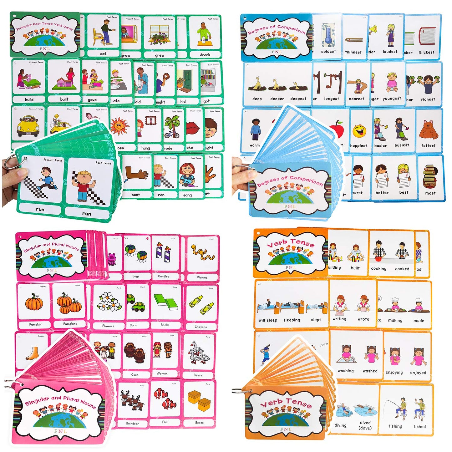 Zwttey Irregular Verbs/Plural Nouns/Degrees of Comparison/Verb Tense 4 Themes English Flashcards Vocabulary Building Pocket Cards Grammar Educational Learning Aids Pre-Kindergarten Classroom Supplies