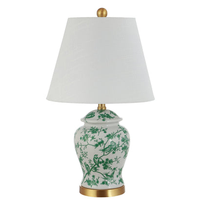 JONATHAN Y 22" White/Green Ceramic Table Lamp, French Country Chinoiserie Ginger Jar LED Bedside Lamp for Living Room Bedroom, White Linen Shade (JYL3005B)