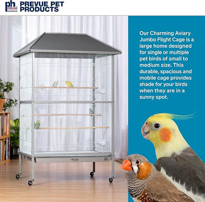 Prevue Pet Products Charming Aviary Jumbo Flight Cage - Large Metal Bird Cage with Rolling Stand, Perches, Feeders & Toy Bar, Ideal for Parakeets, Cockatiels, Lovebirds, Small & Medium Birds - Grey