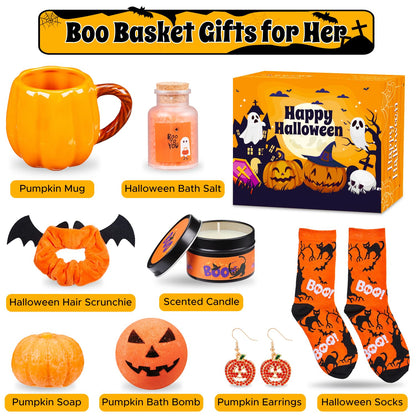 Larchio Boo Basket Stuffers for Women Teen Girls, Halloween Gifts for Teens Adult with Pumpkin Mug Halloween Socks and Self Spa Gift for Family Friends