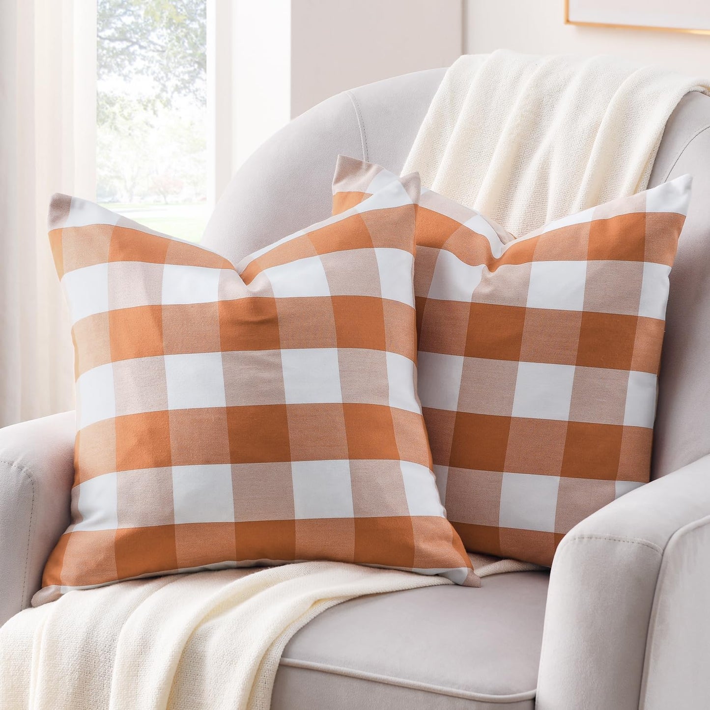 Volcanics Fall Pillow Covers 20x20 Inches Set of 2, Orange and White Farmhouse Buffalo Check Plaid Throw Pillow Covers, Halloween Outdoor Decorative Cushion Pillowcase for Couch Home Decor