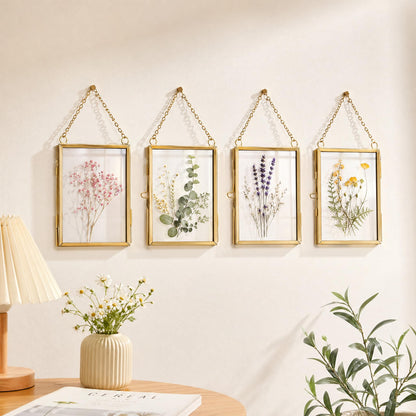 WHYTOOPY Pressed Flower Frames with Tweezers,Wall Hanging Double Glass Frames 2x3 with Metal Chain for Dried Flowers Plants,Floating Photo Frame for Display Gallery Artwork,Golden, 4 Pack