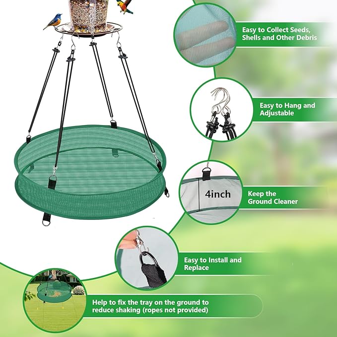 Lettry 2Pcs Bird Seed Catcher Tray with 8pcs Plastic Stakes for Hanging Bird Feeder Platform, Birdseed Hoop for Outdoor Garden Hanging Tray (Green, 16inch)