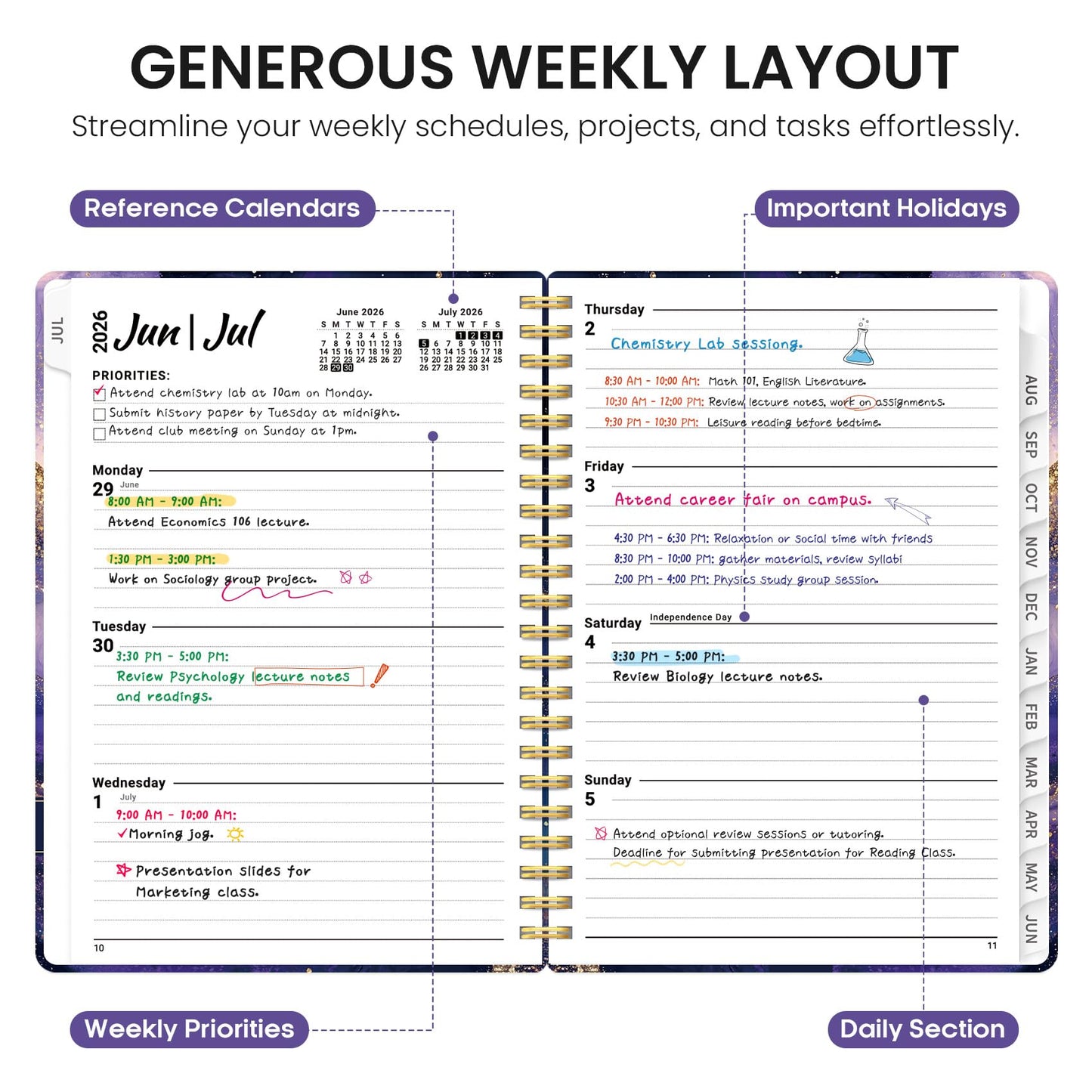 Planner 2026-2027, Academic Year Weekly and Monthly Calender Planner, from Jul 2026 - Jun 2027, Spiral Bound School Planning Book, Perfect for Teacher, Student, Women & Men, A4 (8.5" x 11"), Cosmic Amethyst