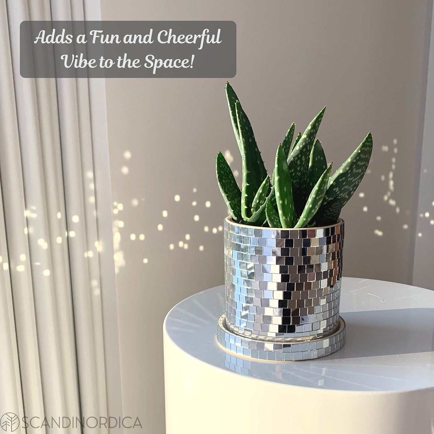 SCANDINORDICA Disco Ball Planter 8" Gold with Chain and Macrame Hanger and Disco Ball Planter Pot 4.3" with Saucer (0.3x0.3 mirror tiles)