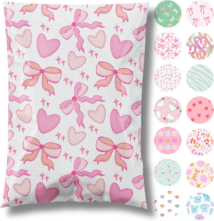 14.5x19 Designer Poly Mailer 100 Pack Heavy Duty Waterproof Self Seal Shipping Bags for Small Business Large Mailing Envelopes Bulk Tear Resistant Packaging Coquette Bows Hearts