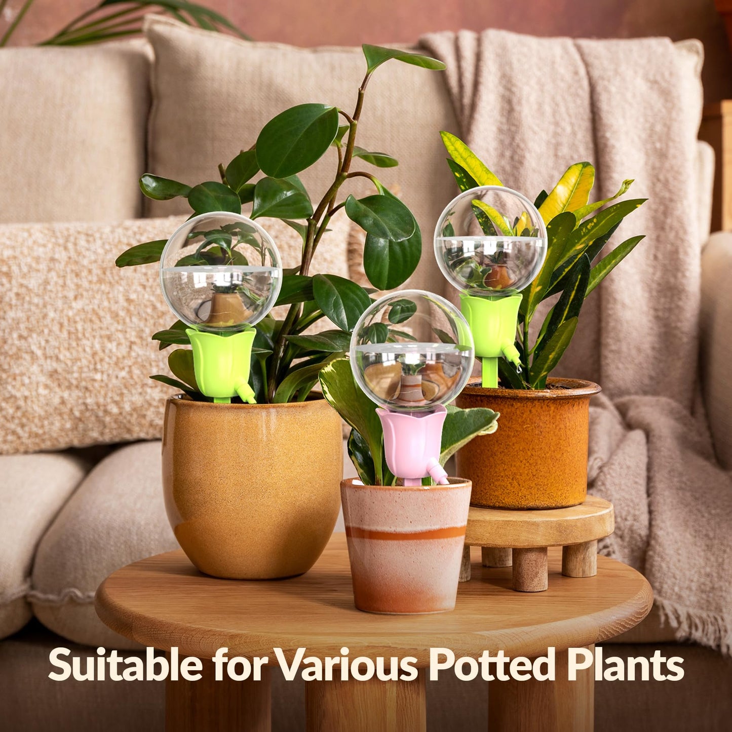 NiHome 4PCS Self-Watering Globes for Indoor & Outdoor Plants, Adjustable Flow Automatic Drip Irrigation Bulbs w/Tulip Stakes for Potted Plants, Succulents, Hanging Baskets, Gardens (2 Pink + 2 Green)