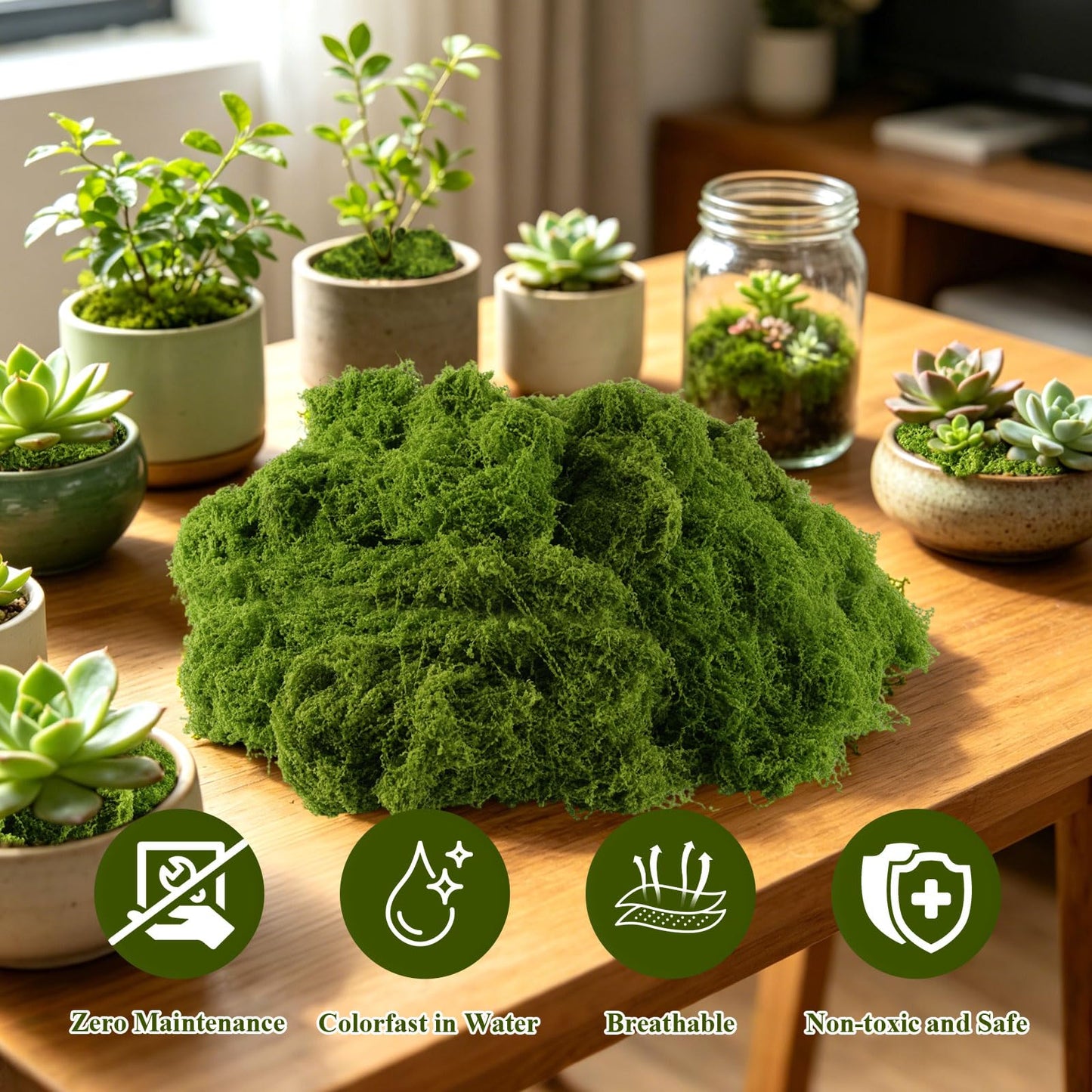 Sileasncei Faux Green Moss 10.6oz for Terrarium, Potted Plant Soil Cover & Wedding Table Centerpieces, Realistic Forest Style Moss for DIY Botanical Decor, Vase Fillers & Maintenance Free Greenery