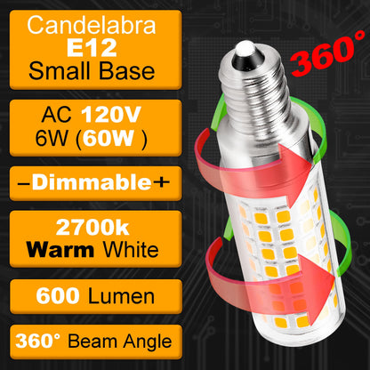 Hylroe E12 Dimmable 6 Watt LED Light Bulb AC120V 600lm Warm White 2700K 60 Watt Halogen Equivalent T6 C7 Candelabra E12 Small Base for Ceiling Fan Chandelier Pendant Wall Sconces Salt Lamp, 4 Pack