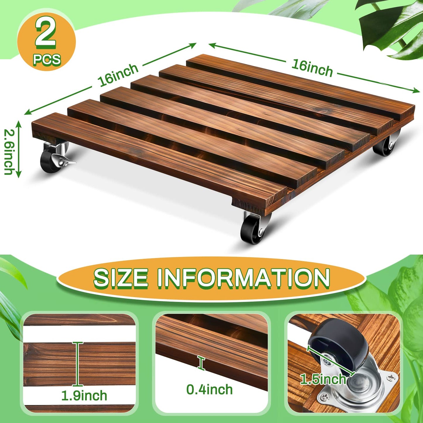 Taiyin 2 Pack 16 Inch Wooden Plant Stand with Lockable Wheels 220 Lbs Heavy Duty Plant Stand with Casters Strong Roller Dolly Base for Outdoor Indoor