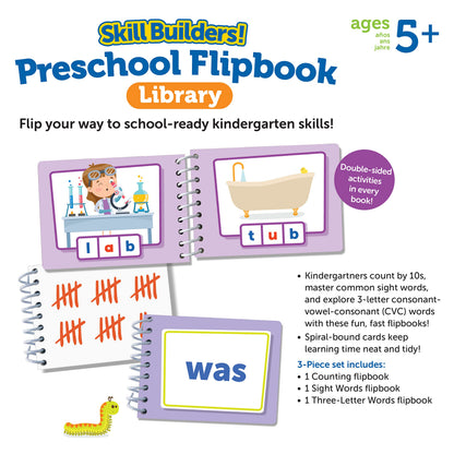 Learning Resources Skill Builders! Kindergarten Flipbook Library - 3 Pieces, Ages 5+ Kindergarten Learning Activities, Spelling and Counting for Kids, My First Library for Kids