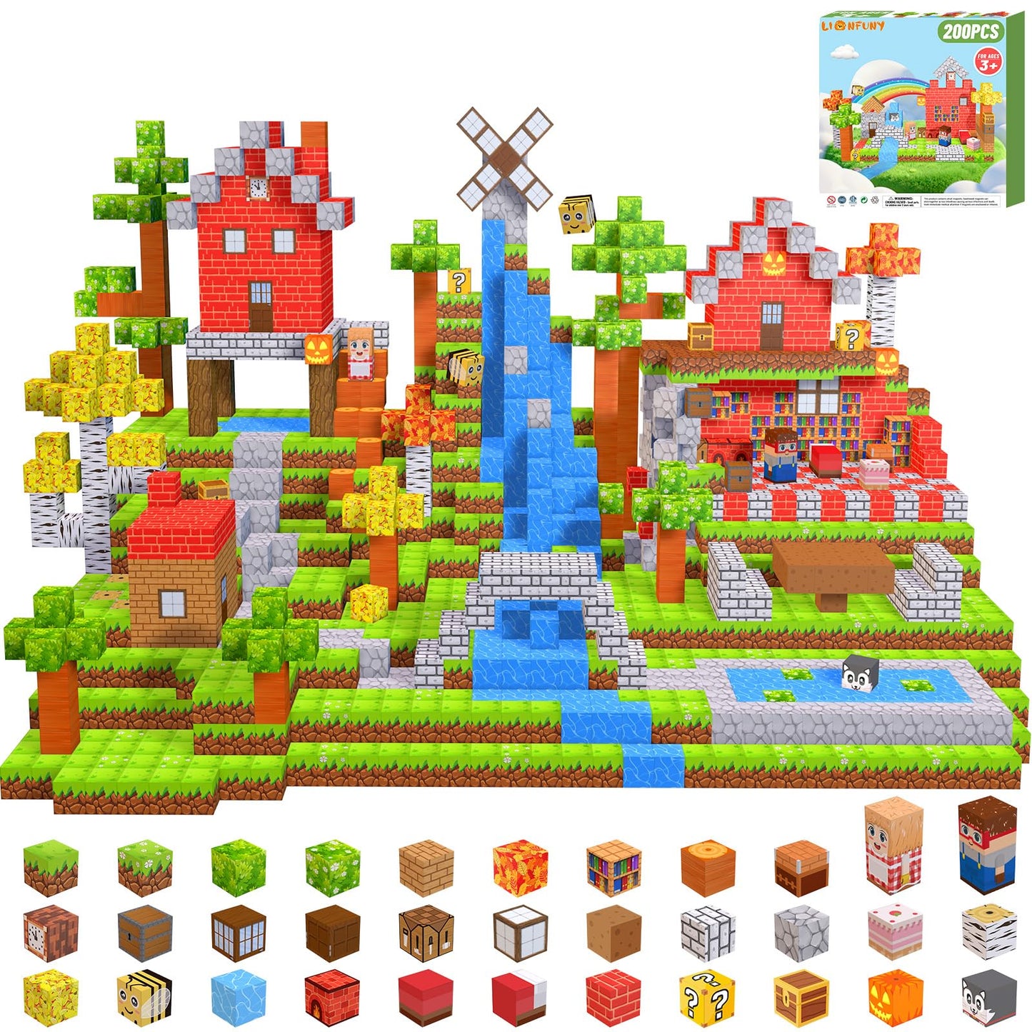 LionFuny 200PCS Magnetic Blocks,Magnetic Building Blocks Stacking Toys,Magnet Toys Building World Set, STEM Sensory Christmas Birthday Gift for Toddlers Boys Kids Age 3 4 5 6 7 8,Upgrade 1" Large Size