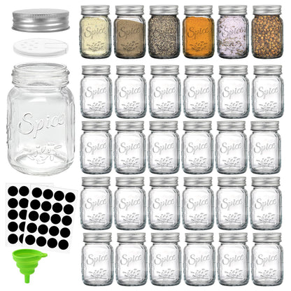 Coloch 30 Pack 4 Oz Glass Mason Spice Jar with Shaker Lids& Labels, Empty Spice Bottle Mini Mason Jars with Airtight Metal Caps and Collapsible Funnel for Herbs & Spices